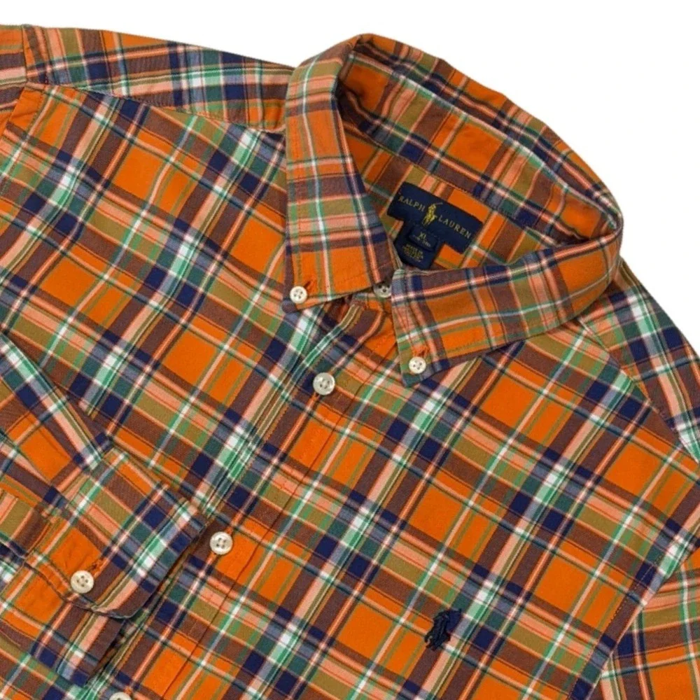 Ralph Lauren Boys XL 18-20 Plaid Button Down Shirt Orange Green Blue Cotton Long